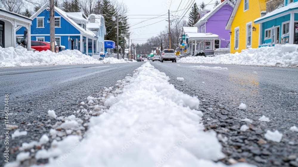 Snowy street scene with colorful houses. Snowy street scene with colorful houses.
