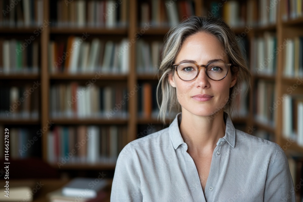 A graceful woman with glasses stands in a library, embodying calm confidence and intellectual engagement, surrounded by a diverse range of literature. A graceful woman with glasses stands in a library, embodying calm confidence and intellectual engagement, surrounded by a diverse range of literature.