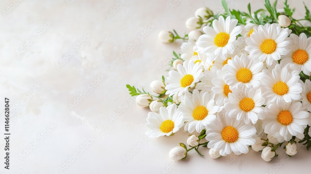 Obraz premium Fresh bouquet of white daisy flowers with yellow centers on a light beige textured background.