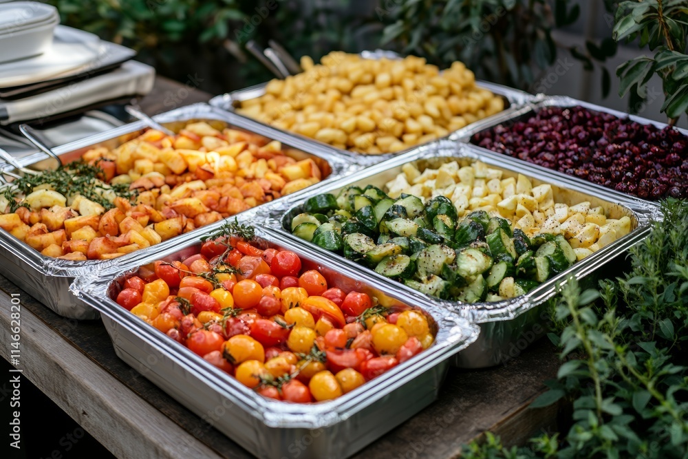 A colorful buffet featuring various fresh vegetables and fruits in trays for a gathering. A colorful buffet featuring various fresh vegetables and fruits in trays for a gathering.