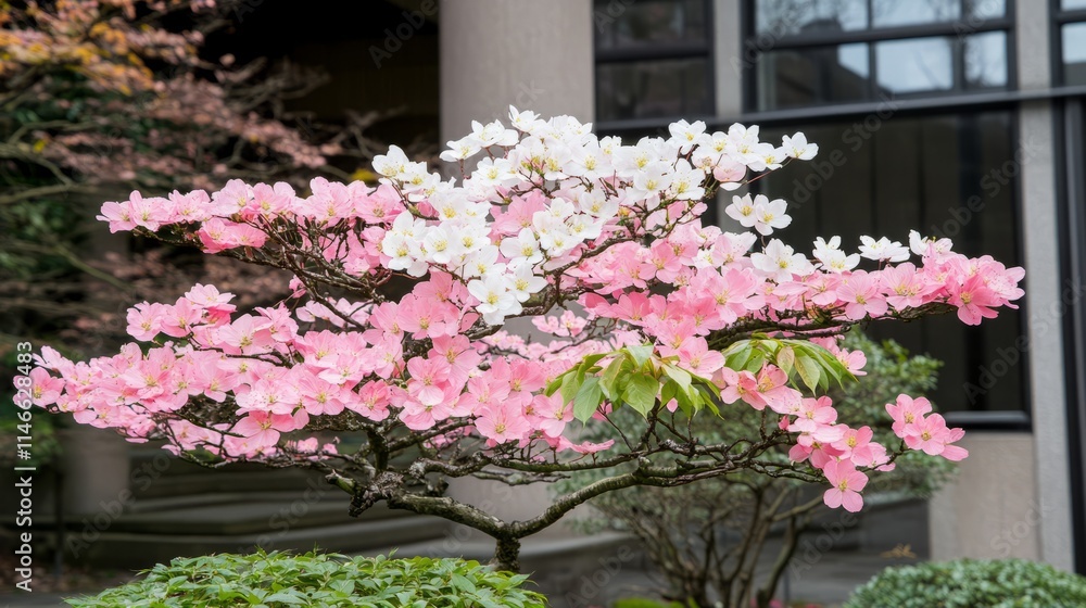 Obraz premium Pink and White Dogwood Tree in Full Bloom near Building
