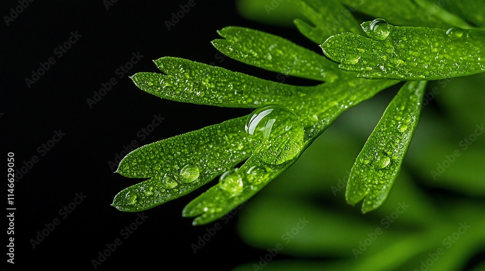 Fototapeta premium Close-up of a dewy green leaf against a black background.