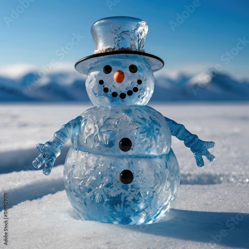 Cheerful snowman: a symbol of a winter fairy tale, celebration, and joy, adorned with a hat, scarf, and smile, amidst fluffy snow.