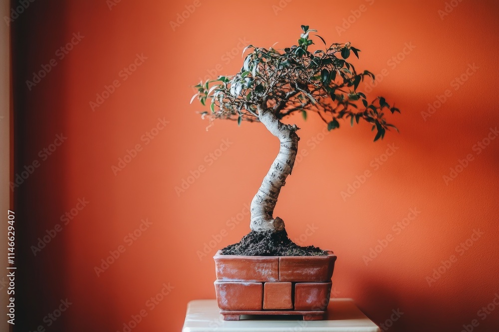 Fototapeta premium A bonsai tree with a twisted trunk in a terracotta pot against an orange wall.