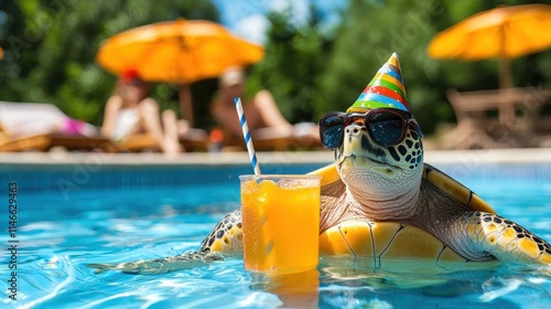 Cheerful Turtle in Sunglasses Enjoying Drink at Poolside Birthday Celebration