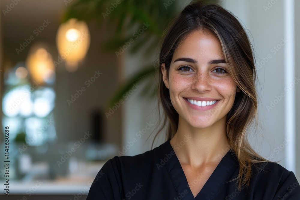 A smiling young woman stands in a black uniform, radiating warmth and professionalism in a contemporary spa atmosphere, inviting clients to experience skincare excellence. A smiling young woman stands in a black uniform, radiating warmth and professionalism in a contemporary spa atmosphere, inviting clients to experience skincare excellence.