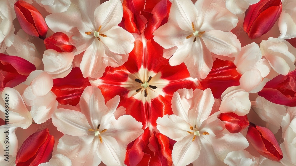 A vibrant kaleidoscope of red and white flowers creating a symmetrical floral pattern. A vibrant kaleidoscope of red and white flowers creating a symmetrical floral pattern.