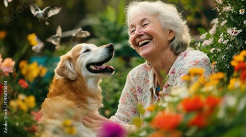 happy senior woman with golden retriever in flower garden