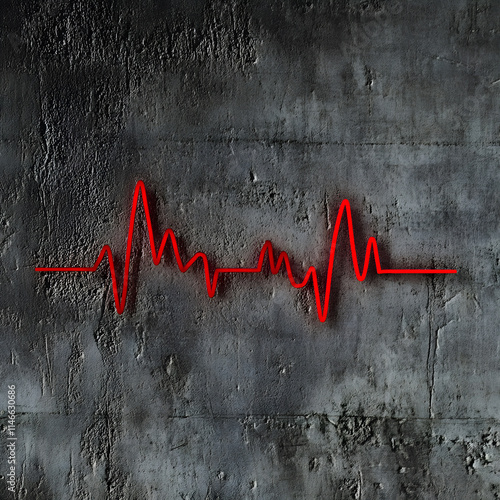 Red heartbeat monitor line made by wire showing fluctuating heart rate on a grey background photo