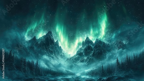 Wallpaper Mural Majestic aurora borealis illuminates a snow-covered mountain range at night. Torontodigital.ca