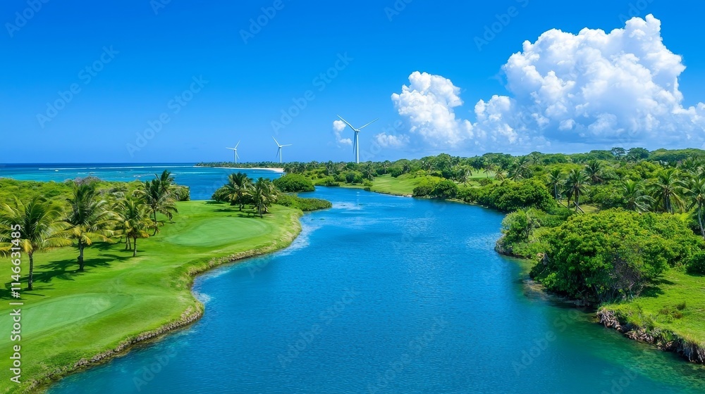 A top-down view of windmills in a coastal field, illustrating the industry's dedication to sustainable green energy and water power, with a focus on environmental innovation and natural harmony. A top-down view of windmills in a coastal field, illustrating the industry's dedication to sustainable green energy and water power, with a focus on environmental innovation and natural harmony.