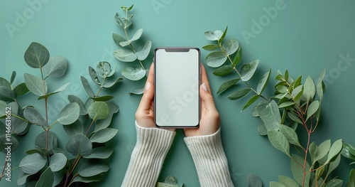 An illustration of a woman's hand holding a phone with a blank screen against a light teal backdrop, Generative Ai. photo