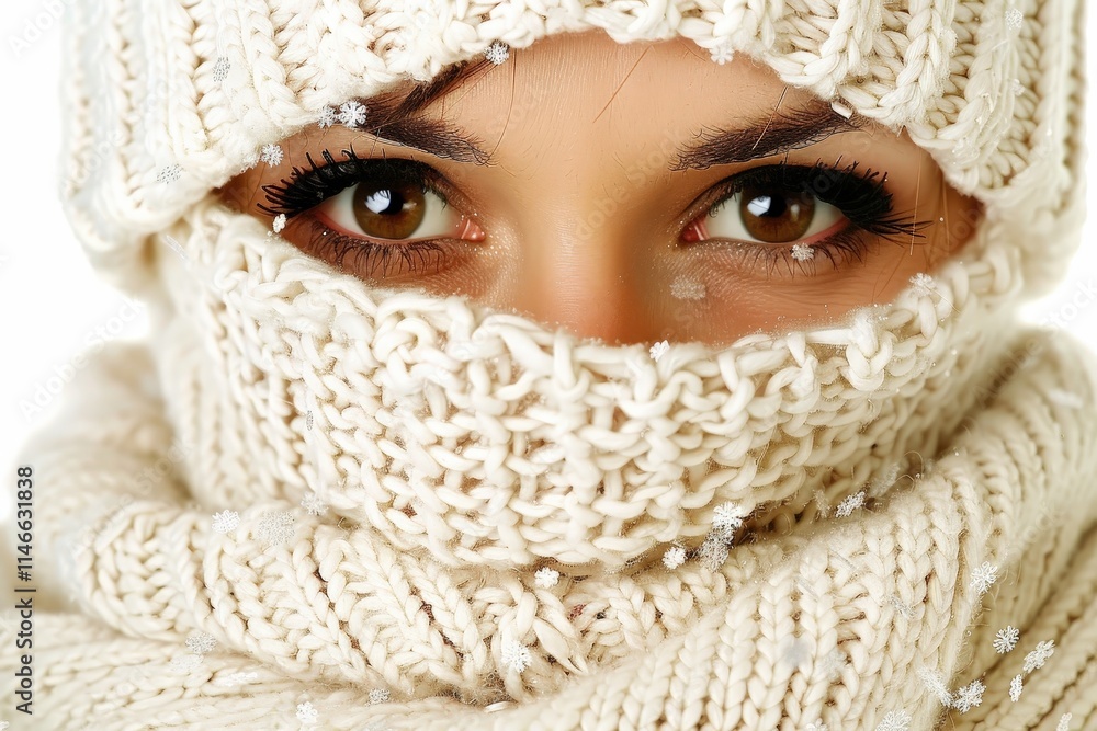 A woman with brown eyes and long lashes is wearing a white hat and scarf A woman with brown eyes and long lashes is wearing a white hat and scarf