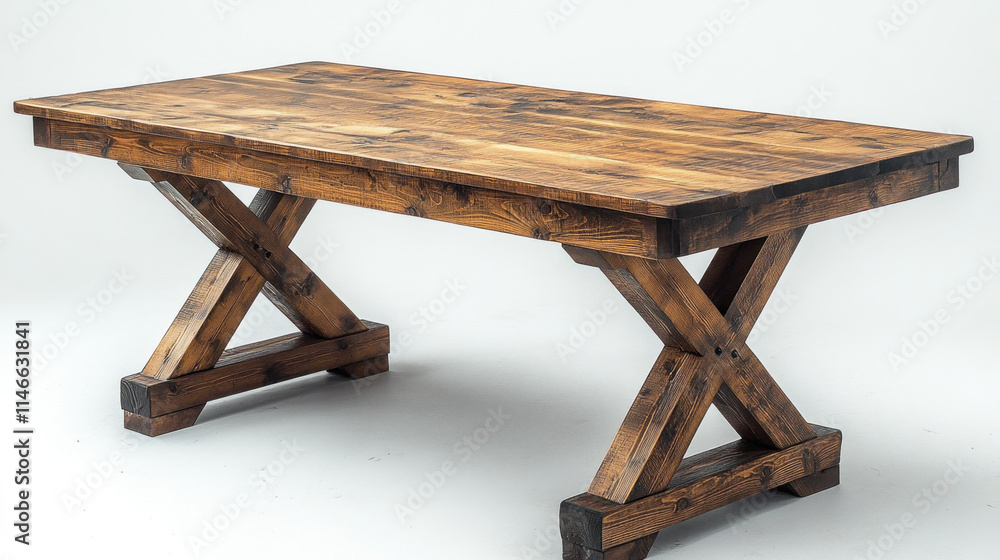 Rustic wooden farmhouse dining table with X-base. Rustic wooden farmhouse dining table with X-base.