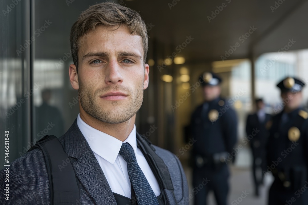 A focused young man wearing a stylish suit stands beside a group of police officers, contrasting authority with dedication, in a bustling urban landscape. A focused young man wearing a stylish suit stands beside a group of police officers, contrasting authority with dedication, in a bustling urban landscape.