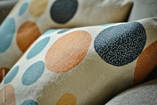 Colorful dotted patterned throw pillows rest on furniture. photo