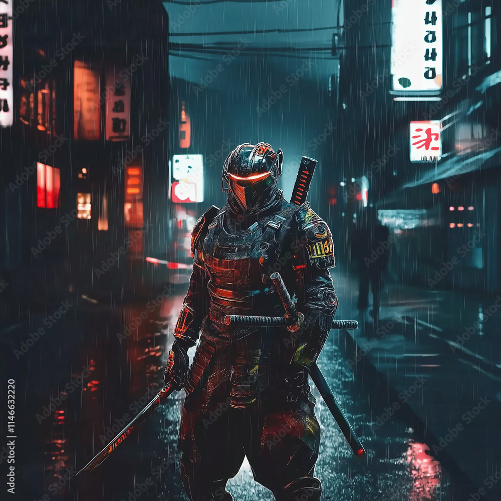 A cyberpunk samurai in full armor A cyberpunk samurai in full armor