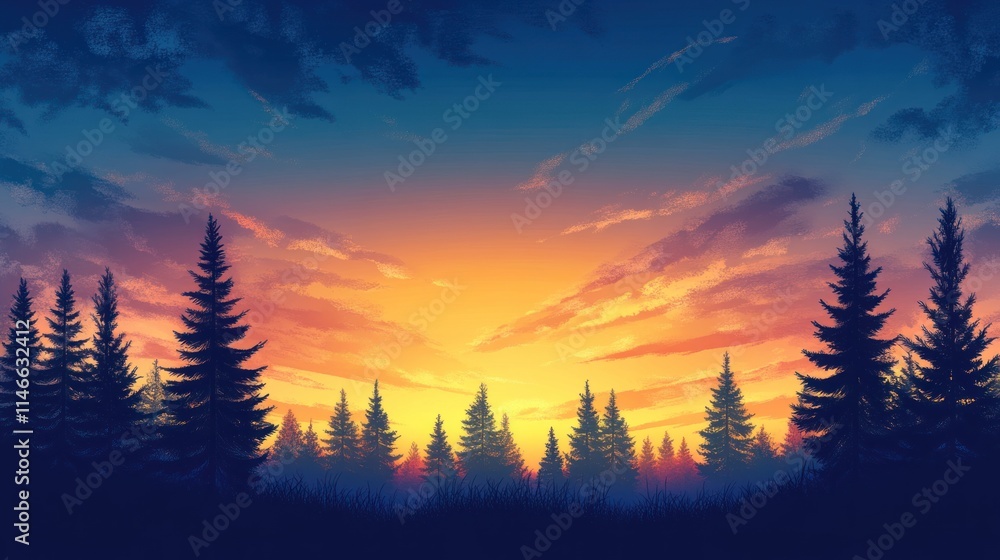 A serene sunset over a forest silhouette, showcasing vibrant colors in the sky. A serene sunset over a forest silhouette, showcasing vibrant colors in the sky.
