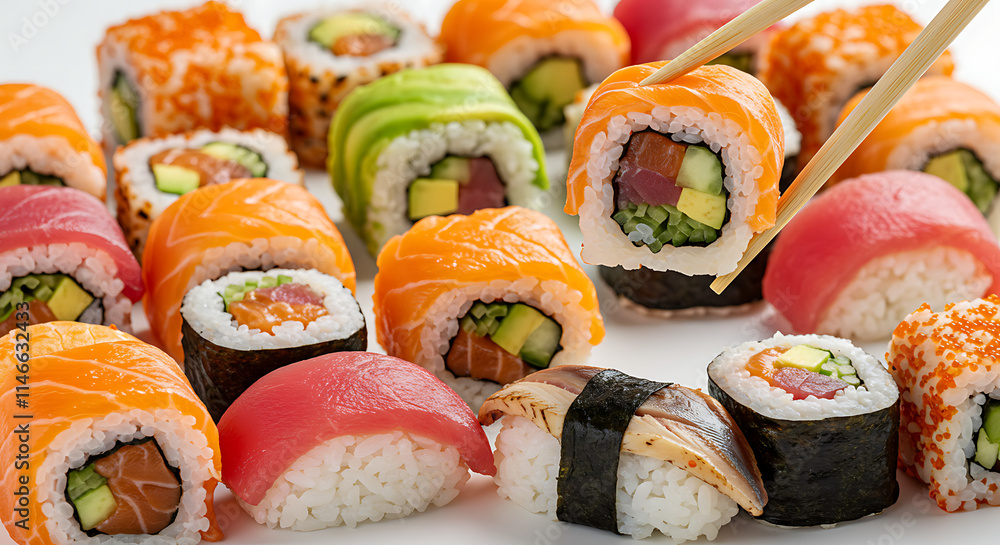 Delicious Sushi Platter Salmon Tuna Avocado Rolls Delicious Sushi Platter Salmon Tuna Avocado Rolls