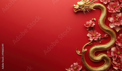 Wallpaper Mural Golden Dragon and Peach Blossoms on Red Background: A Festive Chinese New Year Image Torontodigital.ca