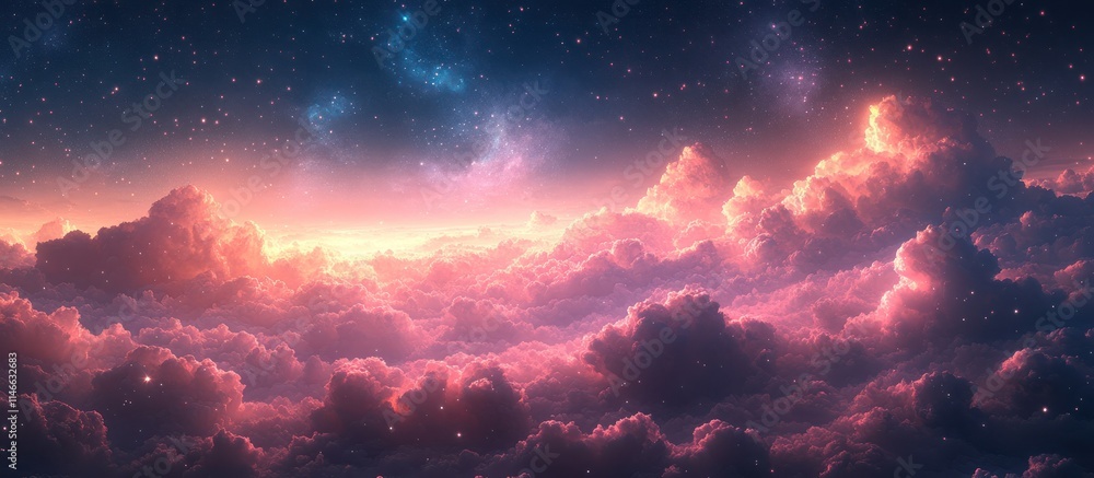 Dreamlike cloudscape at sunset, stars and nebulae in the sky. Dreamlike cloudscape at sunset, stars and nebulae in the sky.