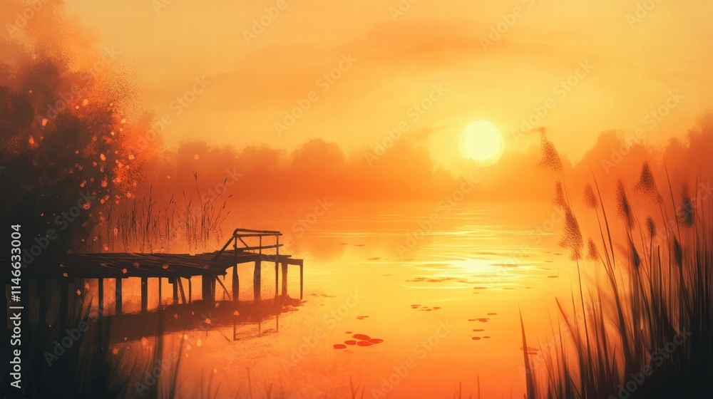Fototapeta premium serene sunset over calm lake with old dock