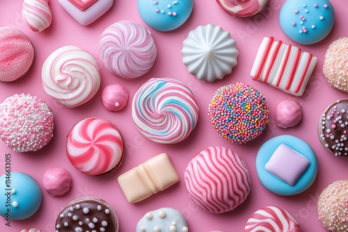 A colorful assortment of decorative candies and sweets on a pink background.