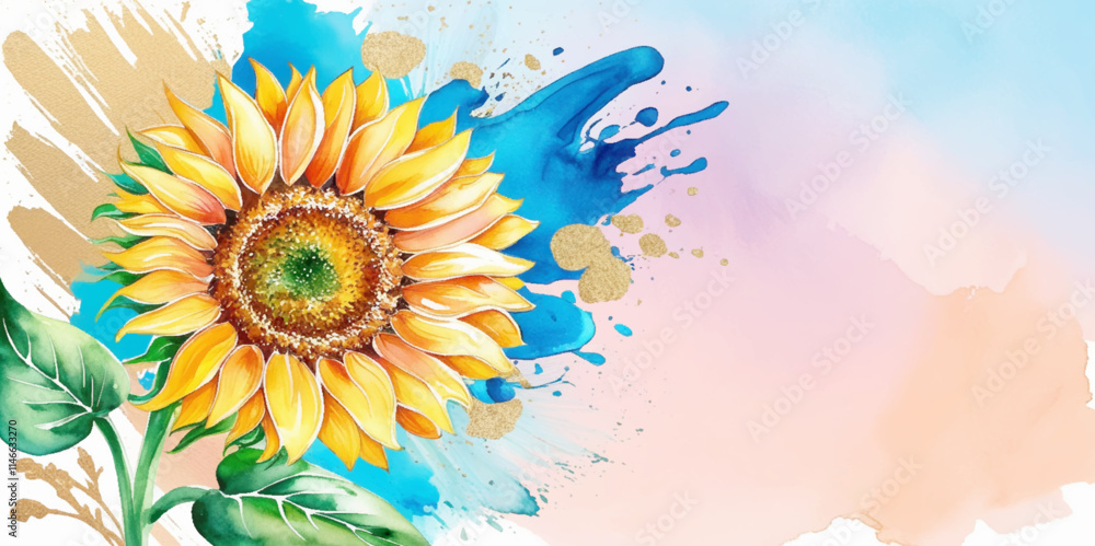 Obraz premium Vector Watercolor Beautiful Sun Flower Floral And Leaves Collection