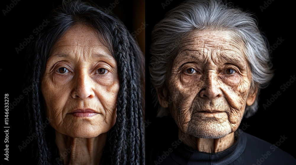 Aging process showing on senior and midlife women faces Aging process showing on senior and midlife women faces