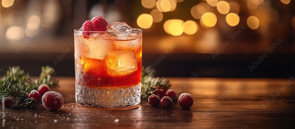 Festive cocktail with raspberries and cranberries on a wooden surface with a blurred background of lights. Festive cocktail with raspberries and cranberries on a wooden surface with a blurred background of lights.