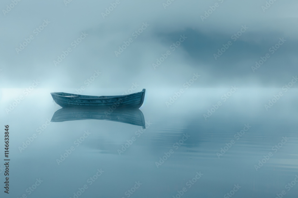 Fototapeta premium Calm and tranquil boat floating on still waters under a misty sky at dawn near a serene lake. Generative AI