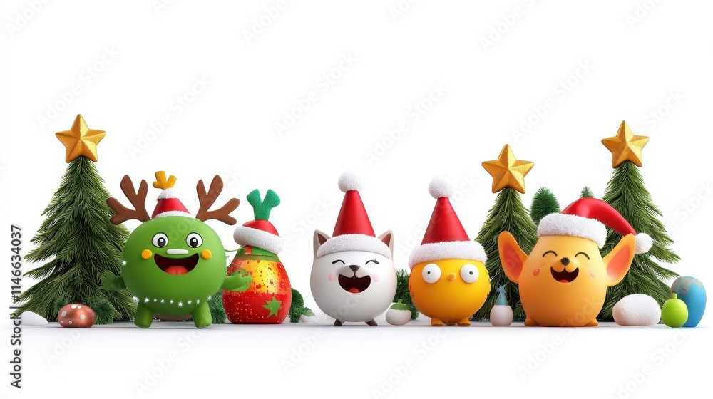 Fototapeta premium Playful Cartoon Characters in Christmas Hats Surrounded by Festive Trees and Ornaments