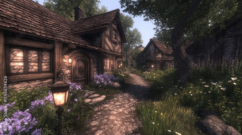 Quaint Village Lane, Stone Houses, Sunlit Path, Peaceful Scene Quaint Village Lane, Stone Houses, Sunlit Path, Peaceful Scene