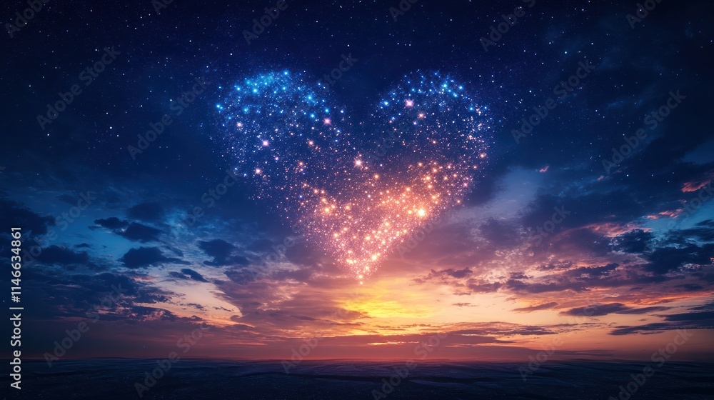 Obraz premium Starry night sky heart-shaped sparkle over sunset landscape.
