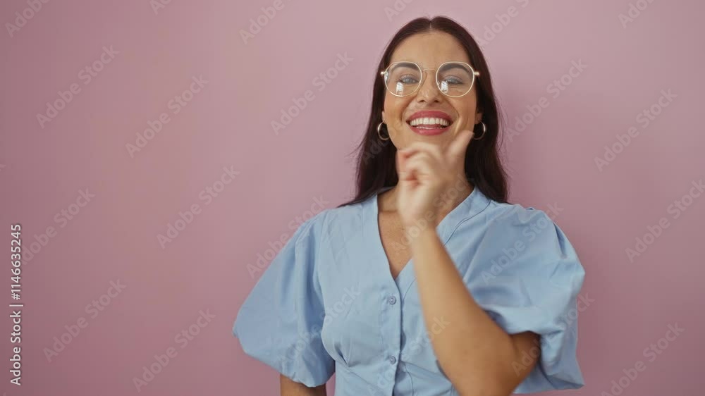 Hispanic woman with glasses smiling and pointing to the side against a pink wall background, embodying an attractive and confident expression. Hispanic woman with glasses smiling and pointing to the side against a pink wall background, embodying an attractive and confident expression.