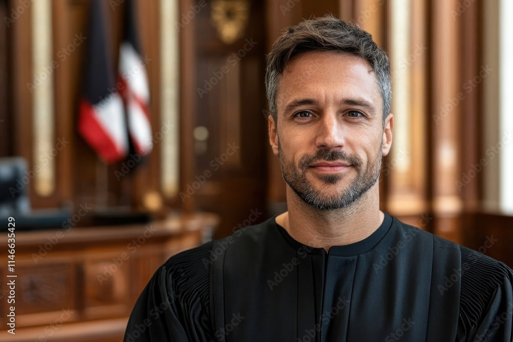 An experienced judge in a courtroom exudes authority with a welcoming smile, representing wisdom and fairness in legal matters while emphasizing the importance of the rule of law. An experienced judge in a courtroom exudes authority with a welcoming smile, representing wisdom and fairness in legal matters while emphasizing the importance of the rule of law.