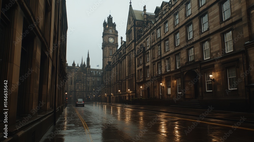 Fototapeta premium Rainy Day in Edinburgh Historic City Street Scene