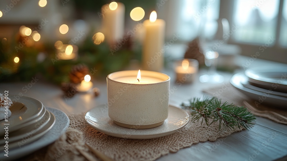 Cozy holiday dining setting with lit candle