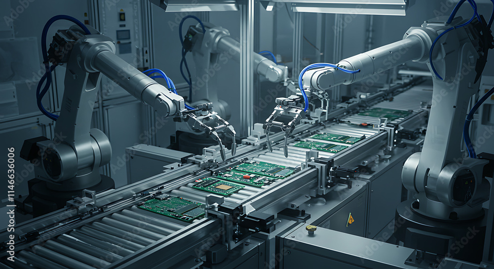Automated Robotic Assembly Line Manufacturing Circuit Boards Automated Robotic Assembly Line Manufacturing Circuit Boards