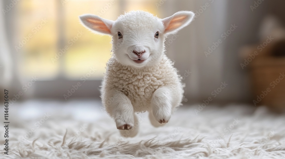 Fototapeta premium Adorable lamb leaping mid-air.