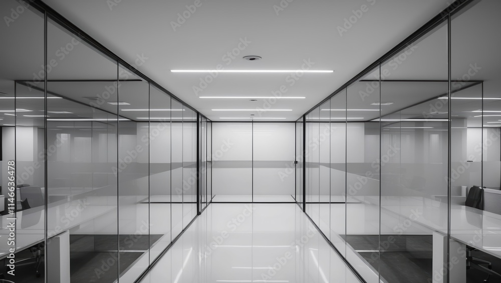 Fototapeta Modern office interior featuring sleek glass walls, minimalistic design, and bright white lighting, creating a spacious and professional environment.