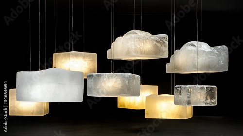Modern minimalist pendant lights in various shapes and translucent colors.