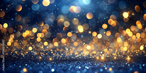 Abstract blue background with golden stars and confetti. Golden light sparkle and star shape on navy blue background