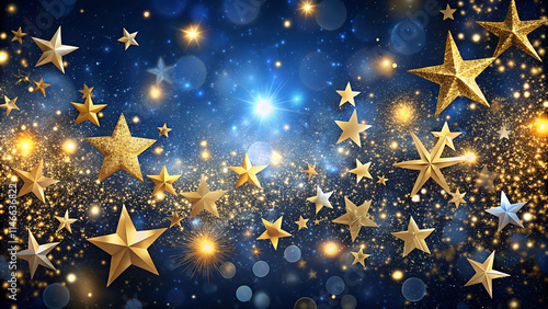 Abstract blue background with golden stars and confetti. Golden light sparkle and star shape on navy blue background
