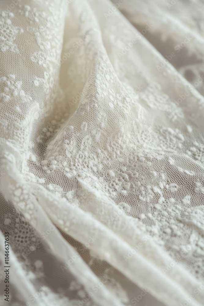 Draped off-white fabric with delicate floral lace pattern. Draped off-white fabric with delicate floral lace pattern.