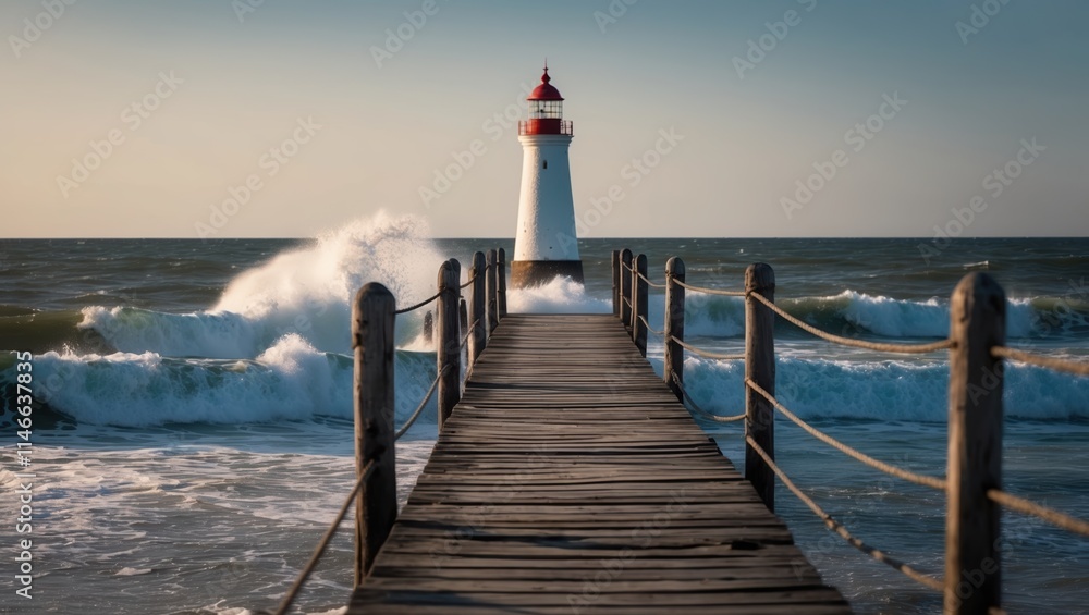 Lighthouse standing tall at the end of a wooden pier, with waves crashing against it, creating a serene coastal scene during sunset or sunrise Lighthouse standing tall at the end of a wooden pier, with waves crashing against it, creating a serene coastal scene during sunset or sunrise