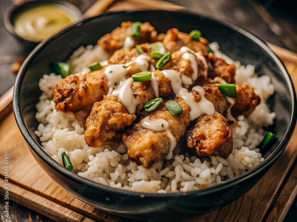Delicious Crispy fried chicken pieces on rice with a creamy sauce and green onions. Tasty Food background Delicious Crispy fried chicken pieces on rice with a creamy sauce and green onions. Tasty Food background