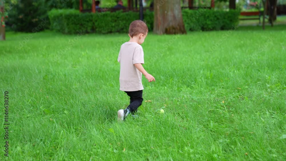 Little baby boy runs by the grass to pick his ball. Happy kid throws his ball up. Child paying outdoors in summer. Little baby boy runs by the grass to pick his ball. Happy kid throws his ball up. Child paying outdoors in summer.