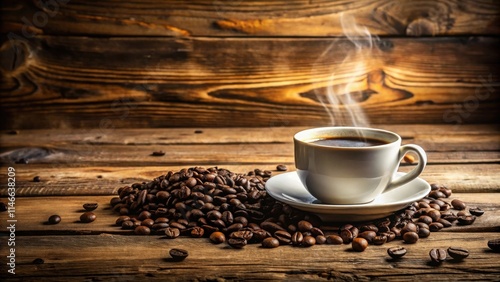A steaming cup of coffee resting on a bed of roasted beans, a warm and inviting aroma fills the air.