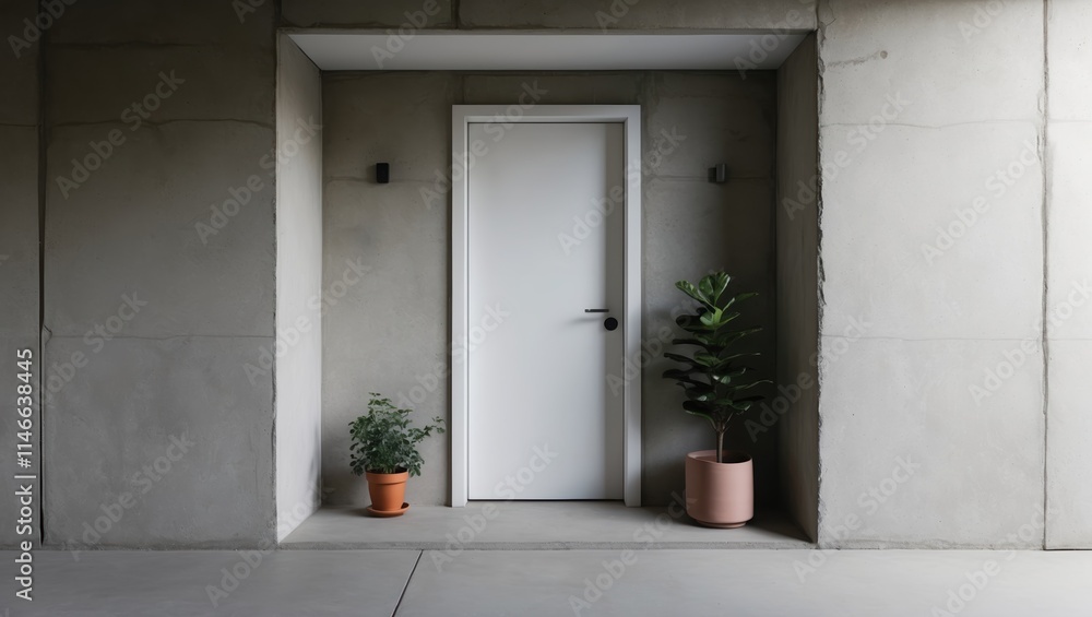 Minimalist entryway featuring a white door framed by gray concrete walls, adorned with two potted plants, creating a serene atmosphere. Minimalist entryway featuring a white door framed by gray concrete walls, adorned with two potted plants, creating a serene atmosphere.